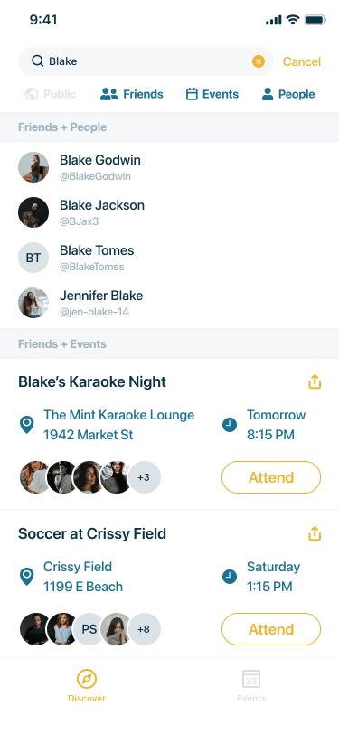 Friends + events + peoples filter screen