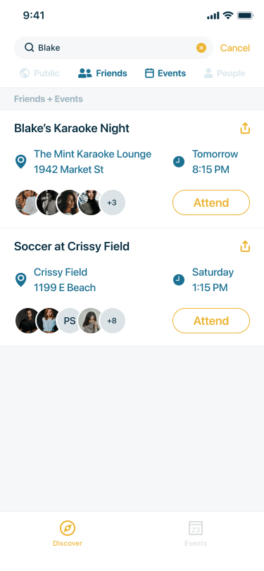 Friends + events filter screen