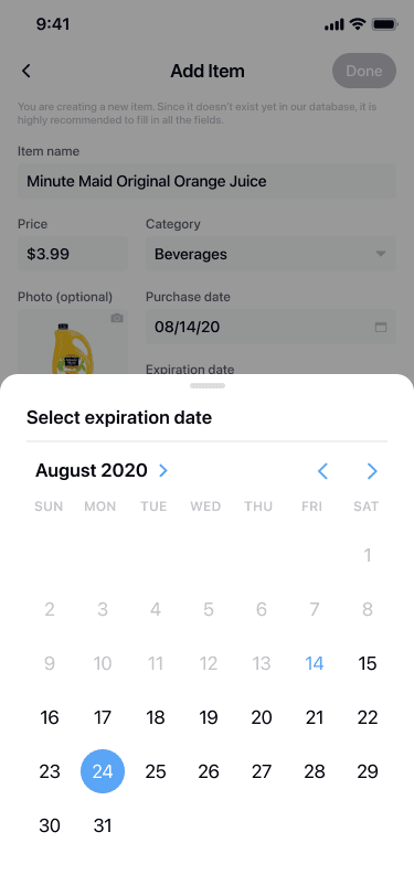 Select expiration date screen