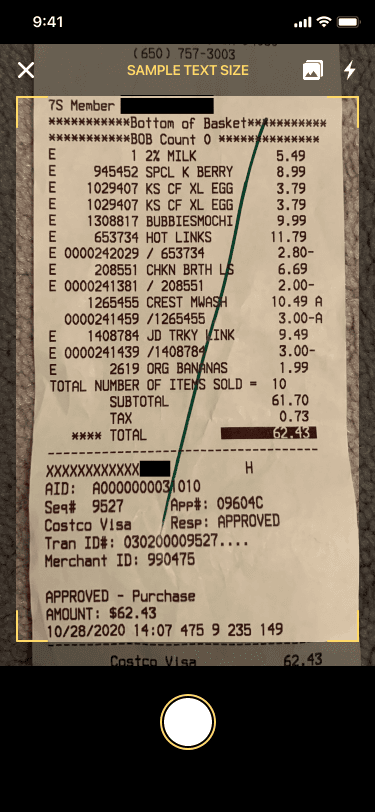 Receipt scan screen