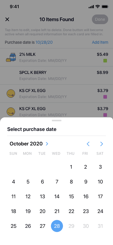 Select purchase date screen